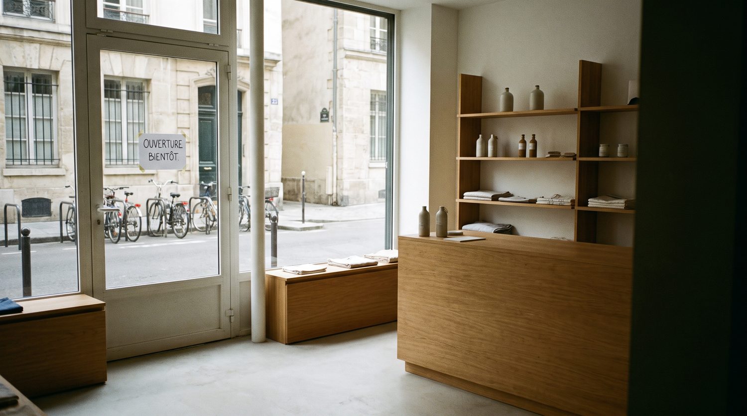 Intérieur d'une boutique parisienne avant ouverture, comptoir en bois et vitrine lumineuse