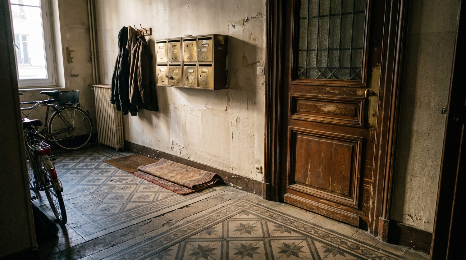 Hall d'un immeuble parisien ancien, sol en carreaux de ciment et boîtes aux lettres en laiton