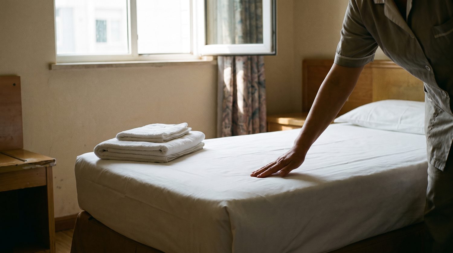Femme de chambre lissant un drap blanc dans une chambre d'hôtel baignée de lumière