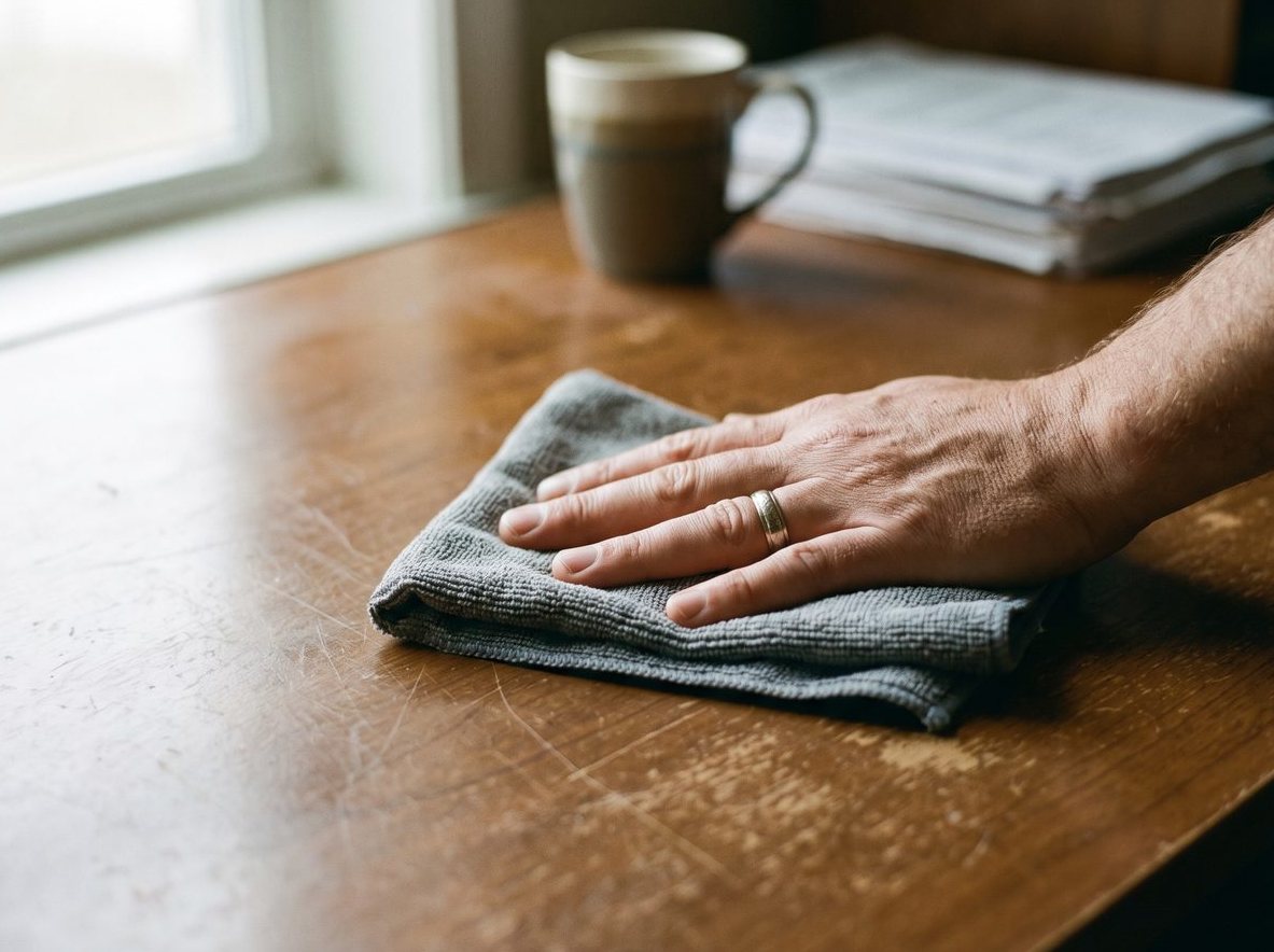 Main essuyant une table en bois avec un chiffon microfibre, dans la lumière du matin