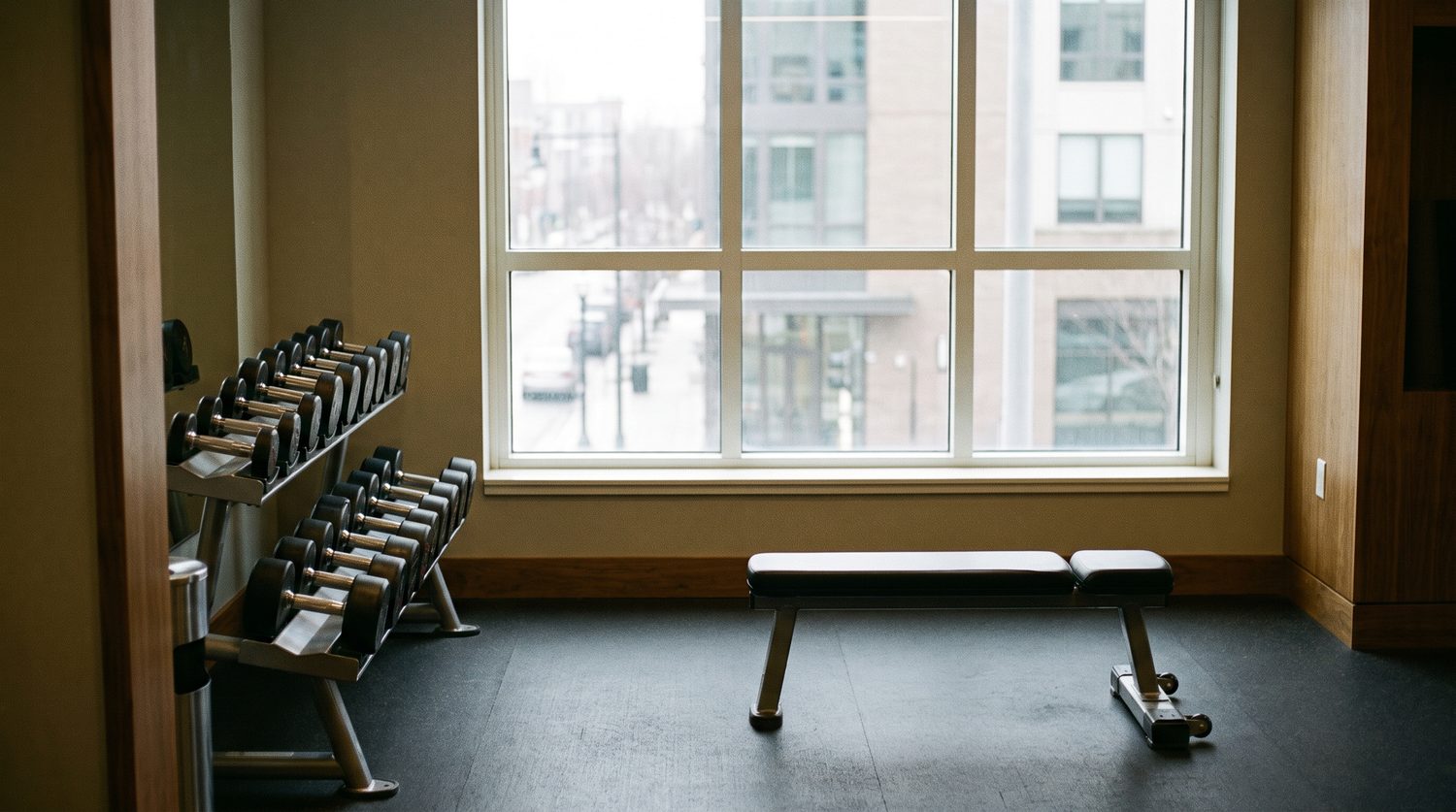 Coin d'une salle de sport le matin, haltères rangés et banc dans la lumière du jour